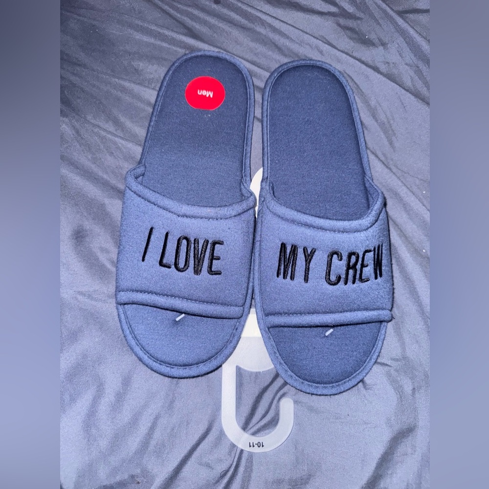 Men’s Blue Slide Slippers with 'I Love My Crew' Text // Size 10-11 // NWT